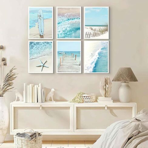 6Pcs Blue Seascape Beach Wall Art Summer Tropical Ocean Coastal Canvas Wall Decor Starfish Bridge Boat Surfboard Painting Prints Surfers Pictures Trendy College Preppy Dorm Posters Unframed in Saudi Arabia