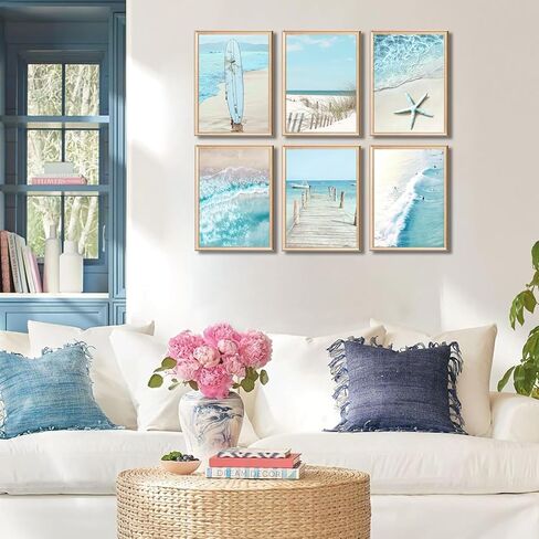 6Pcs Blue Seascape Beach Wall Art Summer Tropical Ocean Coastal Canvas Wall Decor Starfish Bridge Boat Surfboard Painting Prints Surfers Pictures Trendy College Preppy Dorm Posters Unframed in Saudi Arabia