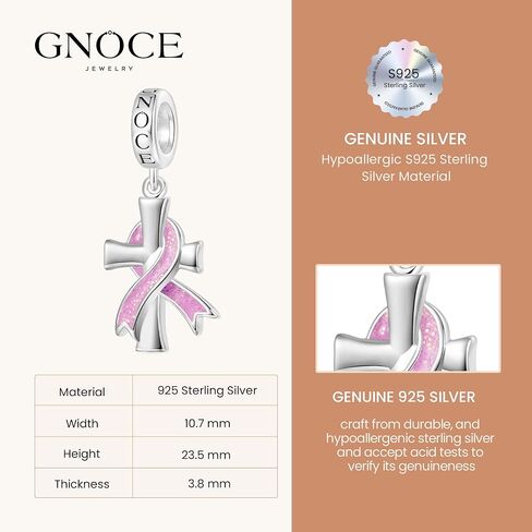 GNOCE Breast Cancer Awareness Pendant Dangle Charm Sterling Silver Bead Charm Fit Bracelet/Necklace for Women Wife/Jewelry Gift in Saudi Arabia