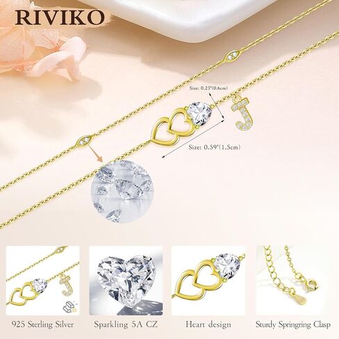 RIVIKO Gold Heart Initial Bracelets for Women,925 Sterling Silver Gold Plated Layered Letter Charm Bracelets,Adjustable Alphabet Personalized Jewelry Birthday Gifts for Her Wife Mom Friend in Kuwait