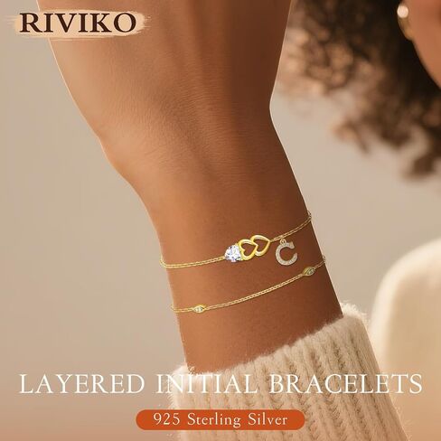 RIVIKO Gold Heart Initial Bracelets for Women,925 Sterling Silver Gold Plated Layered Letter Charm Bracelets,Adjustable Alphabet Personalized Jewelry Birthday Gifts for Her Wife Mom Friend in Kuwait