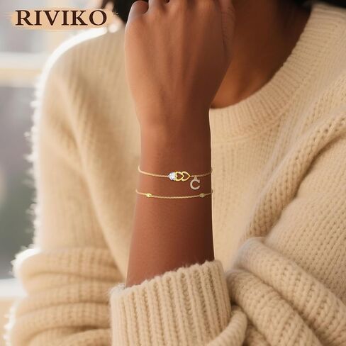 RIVIKO Gold Heart Initial Bracelets for Women,925 Sterling Silver Gold Plated Layered Letter Charm Bracelets,Adjustable Alphabet Personalized Jewelry Birthday Gifts for Her Wife Mom Friend in Kuwait