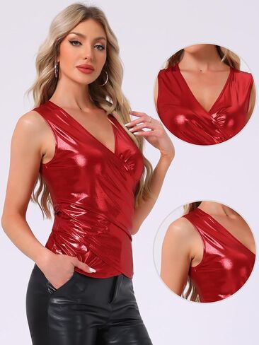 Allegra K Shiny Metallic Tank Top for Women's Christmas Sleeveless V Neck Holographic Club Party Wrap Shirt in Saudi Arabia