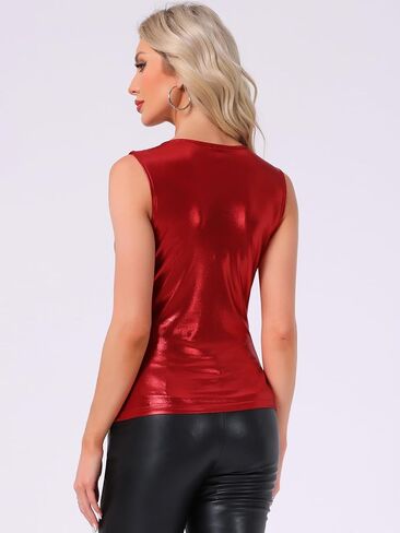 Allegra K Shiny Metallic Tank Top for Women's Christmas Sleeveless V Neck Holographic Club Party Wrap Shirt in Saudi Arabia