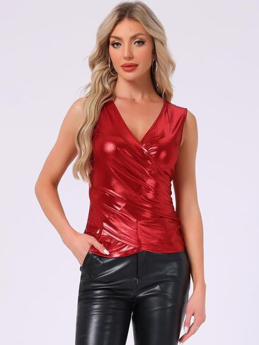 Allegra K Shiny Metallic Tank Top for Women's Christmas Sleeveless V Neck Holographic Club Party Wrap Shirt in Saudi Arabia