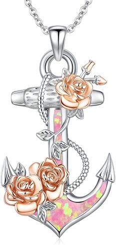 Anchor Necklace for Women 925 Sterling Silver Anchor Pendant Necklace Anchor Rose Jewelry Sets Anchor Intertwined with Roses Anchor Necklace Jewelry for Women in Kuwait