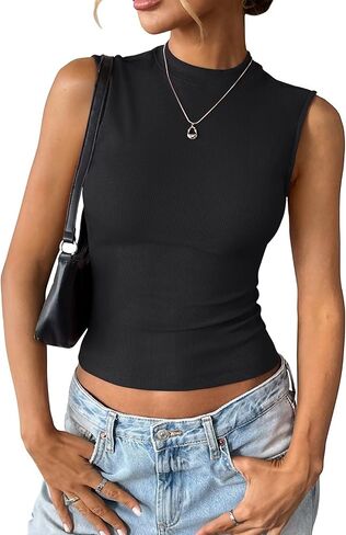 Women's Sleeveless Mock Turtle Neck Tops Fitted Ribbed Tank Top Basic Summer T Shirts 2024 in Saudi Arabia