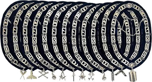 Masonic Regalia - سلسلة ضباط Blue Lodge ذوي الياقات الفضية على الدعم الأزرق مع المجوهرات (مجموعة من 12) in Saudi Arabia