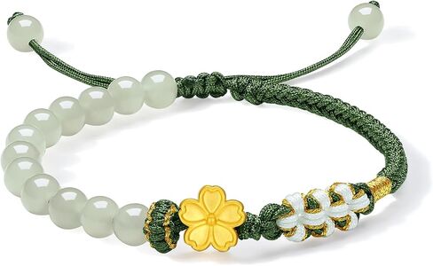 24K Solid Gold Flower Bracelet Real Gold Floral Charm Green Jade Natural Gemstone Beads Braided Bracelet Dainty Jewelry for Women Daughter Girlfriends Birthday 6.3-8.7"(16+6cm) Y1714377 in Saudi Arabia