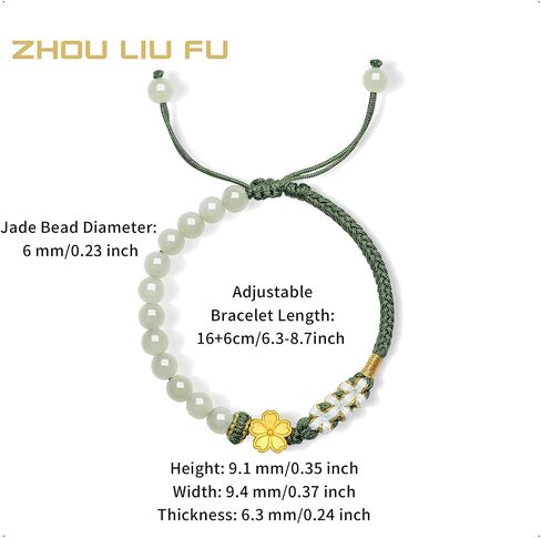 24K Solid Gold Flower Bracelet Real Gold Floral Charm Green Jade Natural Gemstone Beads Braided Bracelet Dainty Jewelry for Women Daughter Girlfriends Birthday 6.3-8.7"(16+6cm) Y1714377 in Saudi Arabia