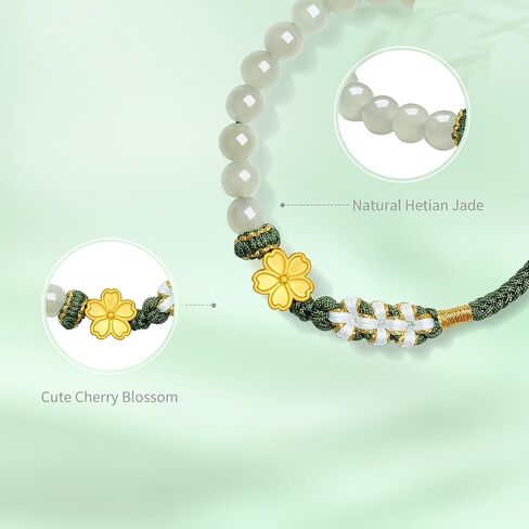 24K Solid Gold Flower Bracelet Real Gold Floral Charm Green Jade Natural Gemstone Beads Braided Bracelet Dainty Jewelry for Women Daughter Girlfriends Birthday 6.3-8.7"(16+6cm) Y1714377 in Saudi Arabia