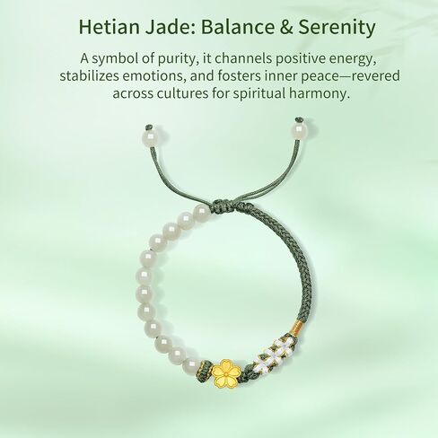 24K Solid Gold Flower Bracelet Real Gold Floral Charm Green Jade Natural Gemstone Beads Braided Bracelet Dainty Jewelry for Women Daughter Girlfriends Birthday 6.3-8.7"(16+6cm) Y1714377 in Saudi Arabia