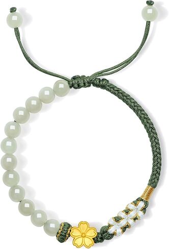 24K Solid Gold Flower Bracelet Real Gold Floral Charm Green Jade Natural Gemstone Beads Braided Bracelet Dainty Jewelry for Women Daughter Girlfriends Birthday 6.3-8.7"(16+6cm) Y1714377 in Saudi Arabia