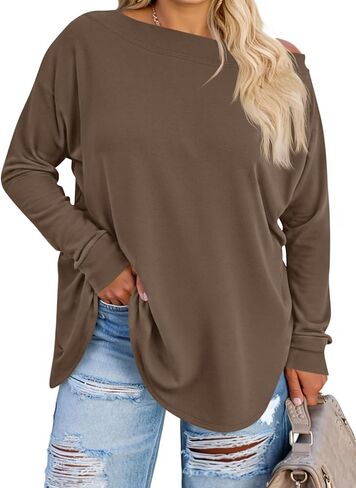 Beautife Women's Plus Size Tops قبالة الكتف الطويل الأكمام فضفاضة القمصان typricy rem curvenced tee shirt in Kuwait