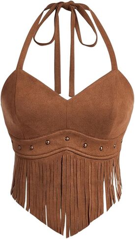 Wdirara Women's Women's Fringe Hem Tie Tie Backless Halter Vest Slim Fit Suede Suede Brics Broc Takes in Saudi Arabia