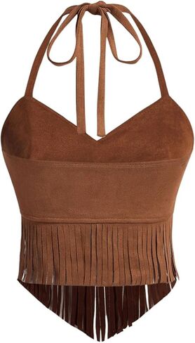 Wdirara Women's Women's Fringe Hem Tie Tie Backless Halter Vest Slim Fit Suede Suede Brics Broc Takes in Saudi Arabia