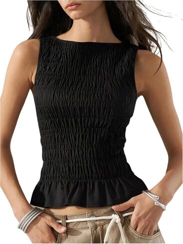 SOLY HUX Women's Shirred Ruffle Tank Tops Summer Sleeveless Slim Fit Going Out Vest Shirts Streetwear in Saudi Arabia
