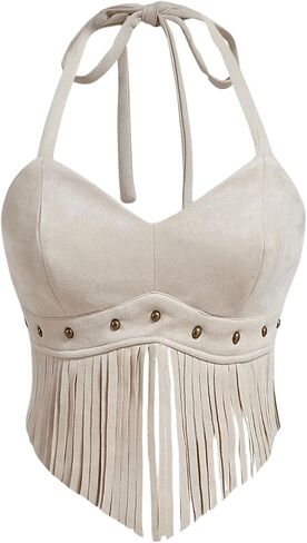 Wdirara Women's Women's Fringe Hem Tie Tie Backless Halter Vest Slim Fit Suede Suede Brics Broc Takes in Kuwait