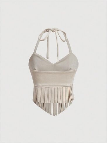 Wdirara Women's Women's Fringe Hem Tie Tie Backless Halter Vest Slim Fit Suede Suede Brics Broc Takes in Kuwait