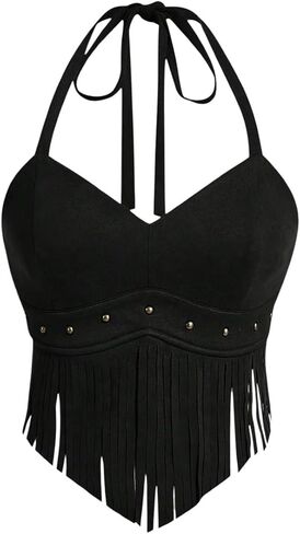 Wdirara Women's Women's Fringe Hem Tie Tie Backless Halter Vest Slim Fit Suede Suede Brics Broc Takes in Kuwait