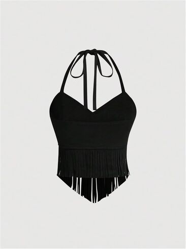 Wdirara Women's Women's Fringe Hem Tie Tie Backless Halter Vest Slim Fit Suede Suede Brics Broc Takes in Kuwait