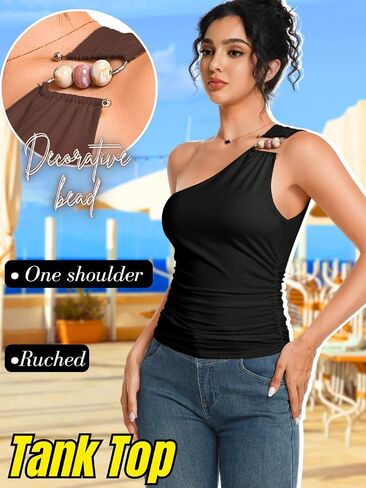 One Shoulder Beaded Tops for Women, Slim Fit 2000S Sleeveless, Ruched Sexy Tank Crop, Going Out Club Outfits in Saudi Arabia