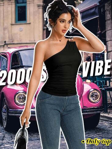 One Shoulder Beaded Tops for Women, Slim Fit 2000S Sleeveless, Ruched Sexy Tank Crop, Going Out Club Outfits in Saudi Arabia