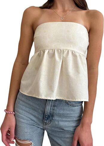 Women Strapless Peplum Top Y2k Floral Tube Tops Ruffle Hem Babydoll Summer Going Out Bandeau Top in Kuwait