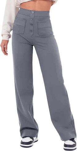 Flygo Womens High Waisted Multiple Pockets Straight Leg Flexipants Stretchy Work Trousers Button Down Casual Pants(Grey Medium) in Saudi Arabia