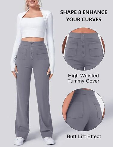 Flygo Womens High Waisted Multiple Pockets Straight Leg Flexipants Stretchy Work Trousers Button Down Casual Pants(Grey Medium) in Saudi Arabia