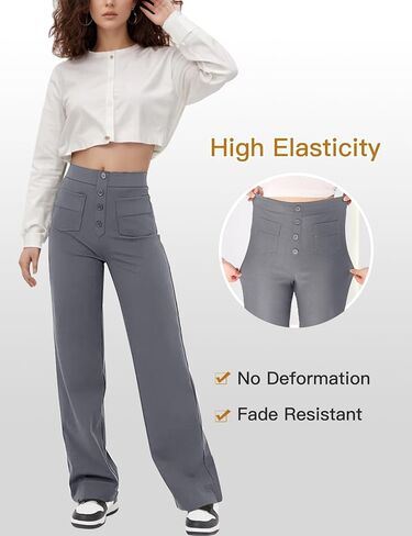Flygo Womens High Waisted Multiple Pockets Straight Leg Flexipants Stretchy Work Trousers Button Down Casual Pants(Grey Medium) in Saudi Arabia