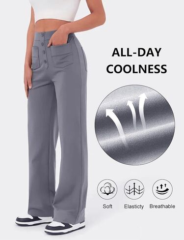 Flygo Womens High Waisted Multiple Pockets Straight Leg Flexipants Stretchy Work Trousers Button Down Casual Pants(Grey Medium) in Saudi Arabia