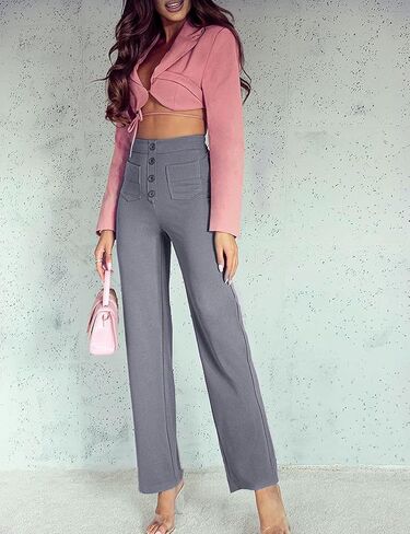 Flygo Womens High Waisted Multiple Pockets Straight Leg Flexipants Stretchy Work Trousers Button Down Casual Pants(Grey Medium) in Saudi Arabia