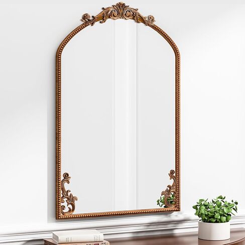 Antiqued Gold Mirror, 36"X24" Arched Baroque Brass Mantle Mirror Decor, Wall-mounted Vintage Mirror with Metal Frame & Bottom Art Carved, Ornate Mirror for Entryway/Bedroom/Bathroom/Fireplace/Hallway in Saudi Arabia