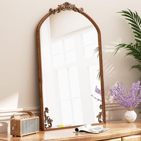Antiqued Gold Mirror, 36"X24" Arched Baroque Brass Mantle Mirror Decor, Wall-mounted Vintage Mirror with Metal Frame & Bottom Art Carved, Ornate Mirror for Entryway/Bedroom/Bathroom/Fireplace/Hallway in Saudi Arabia