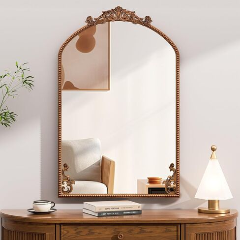 Antiqued Gold Mirror, 36"X24" Arched Baroque Brass Mantle Mirror Decor, Wall-mounted Vintage Mirror with Metal Frame & Bottom Art Carved, Ornate Mirror for Entryway/Bedroom/Bathroom/Fireplace/Hallway in Saudi Arabia