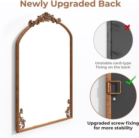 Antiqued Gold Mirror, 36"X24" Arched Baroque Brass Mantle Mirror Decor, Wall-mounted Vintage Mirror with Metal Frame & Bottom Art Carved, Ornate Mirror for Entryway/Bedroom/Bathroom/Fireplace/Hallway in Saudi Arabia