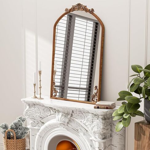 Antiqued Gold Mirror, 36"X24" Arched Baroque Brass Mantle Mirror Decor, Wall-mounted Vintage Mirror with Metal Frame & Bottom Art Carved, Ornate Mirror for Entryway/Bedroom/Bathroom/Fireplace/Hallway in Saudi Arabia