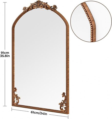 Antiqued Gold Mirror, 36"X24" Arched Baroque Brass Mantle Mirror Decor, Wall-mounted Vintage Mirror with Metal Frame & Bottom Art Carved, Ornate Mirror for Entryway/Bedroom/Bathroom/Fireplace/Hallway in Saudi Arabia