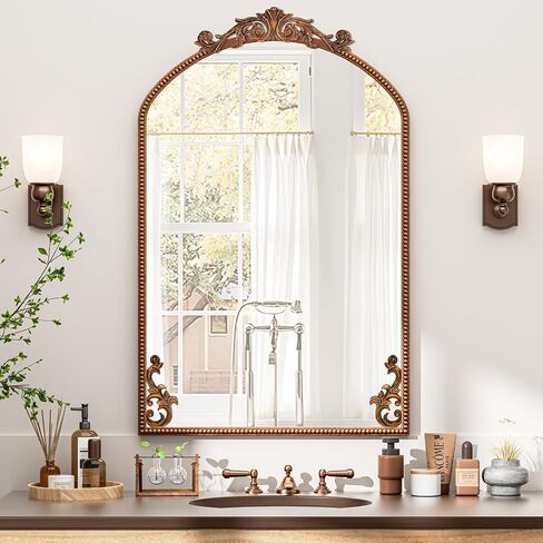 Antiqued Gold Mirror, 36"X24" Arched Baroque Brass Mantle Mirror Decor, Wall-mounted Vintage Mirror with Metal Frame & Bottom Art Carved, Ornate Mirror for Entryway/Bedroom/Bathroom/Fireplace/Hallway in Saudi Arabia