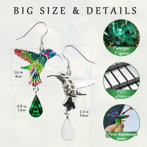 Superchic Cute Hummingbird Sterling Silver Earrings with Crystals Dangle Colorful Gift for Women in Kuwait