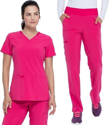 Dickies Scrub Set For Women V-Neck Top DK615 Natural Rise Tapered Leg Pull-On Pant DK005 with 360° Stretch Fabric, Hot Pink - M Top/M Tall Pant in Saudi Arabia