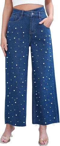 Kedera Womens High Waisted Pearl Jeans Casual Embellished Jeans Crossover Straight Leg Denim Pants with Raw Hem in Saudi Arabia