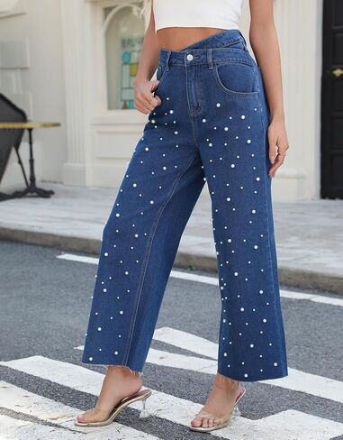Kedera Womens High Waisted Pearl Jeans Casual Embellished Jeans Crossover Straight Leg Denim Pants with Raw Hem in Saudi Arabia