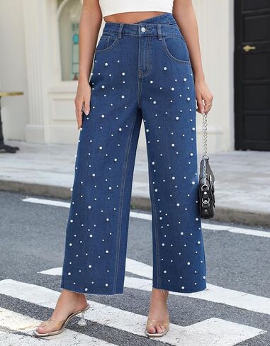 Kedera Womens High Waisted Pearl Jeans Casual Embellished Jeans Crossover Straight Leg Denim Pants with Raw Hem in Saudi Arabia