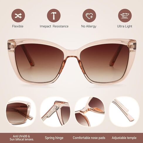 Bifocal Reading Sunglasses for Women Oversized Cat eye Fashion Sun Reader Spring Hinge Eyewear UV Protection PT2001C in Kuwait