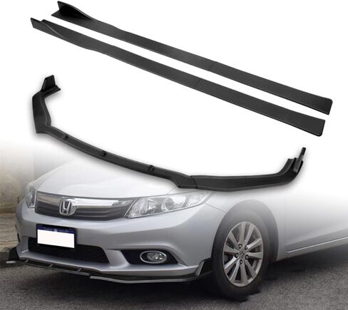 Q1-TECH, 9-Piece Front Bumper Lip & Side Skirt Extensions Diffuser Compatible with 2012 Honda Civic 4DR/Sedan (Gen 9th Only), Front Lip Spoiler Air Chin Body Splitter ABS (Matt Black) in Kuwait