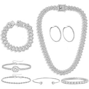 8PCS Hip Hop Jewelry Set for Women - Cuban Chain Necklace, Rhinestone Bracelet & Earrings Set,Silver Full Diamond-Bling Jewelry Gifts for Women in Saudi Arabia