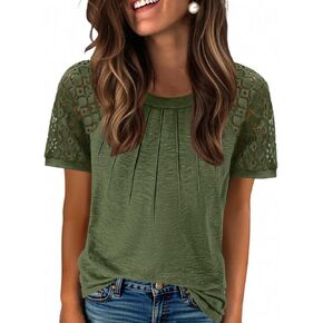Zeagoo Womens Lace Short Sleeve Shirts Summer Tops Dressy Casual Tshirts Fashion Blouses Trendy Vacation Pleated Tees in Kuwait