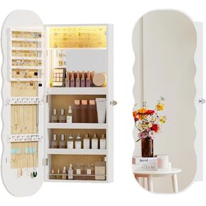 Lvifur LED Mirror Jewelry Cabinet - with RGB lights,Lockable Wall/Door Mounted Full Length Mirror with Storage,Hanging Jewelry Organizer-2 Drawers,Foldable Shelf,Built-in Lighted Mirror(White) in Kuwait